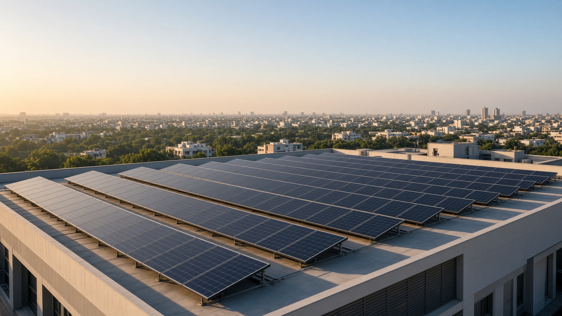 Solar panels on a rooftop in warm evening light